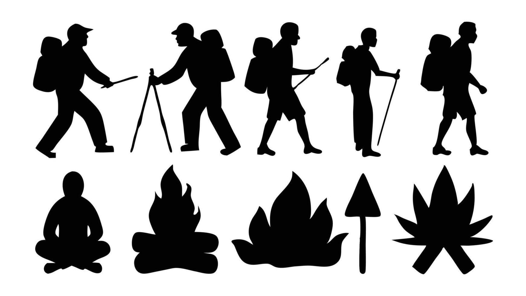Campfire Hiking silhouettes set isolated flat illustration on white background. vector