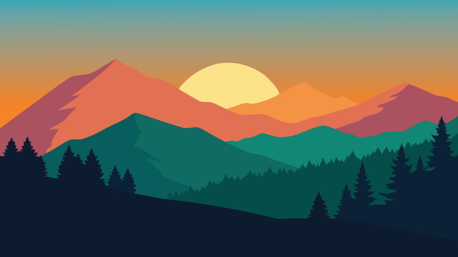 stunning sunset casts vibrant colors over a lush green valley, creating a serene and picturesque landscape flat illustration. vector