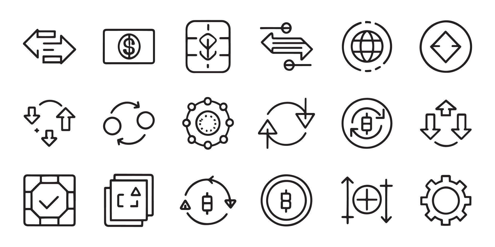 Transfer, swap, exchange, spin, flip concept related editable stroke outline icons set isolated flat illustration on white background. vector