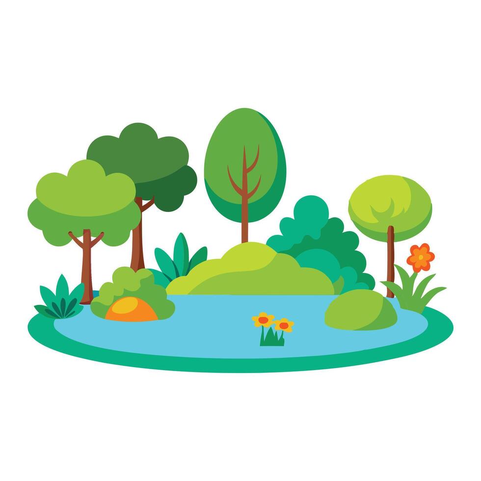 Cartoon Green tree and water lake outdoor scene isolated flat illustration on white background. vector