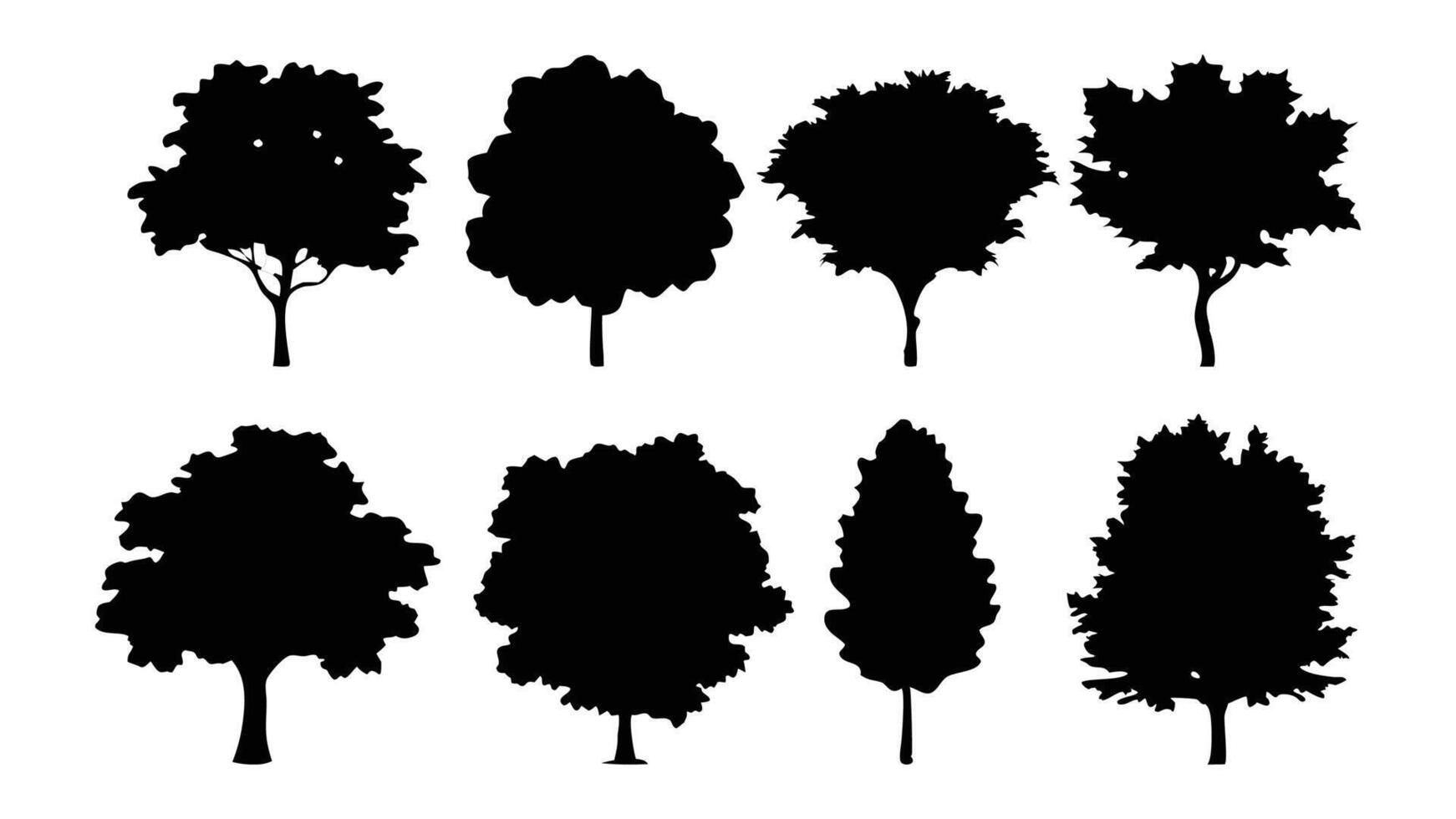 red maple ,sugar maple, oak, poplar, green oak, birch silhouettes tree set isolated flat illustration on white background. vector
