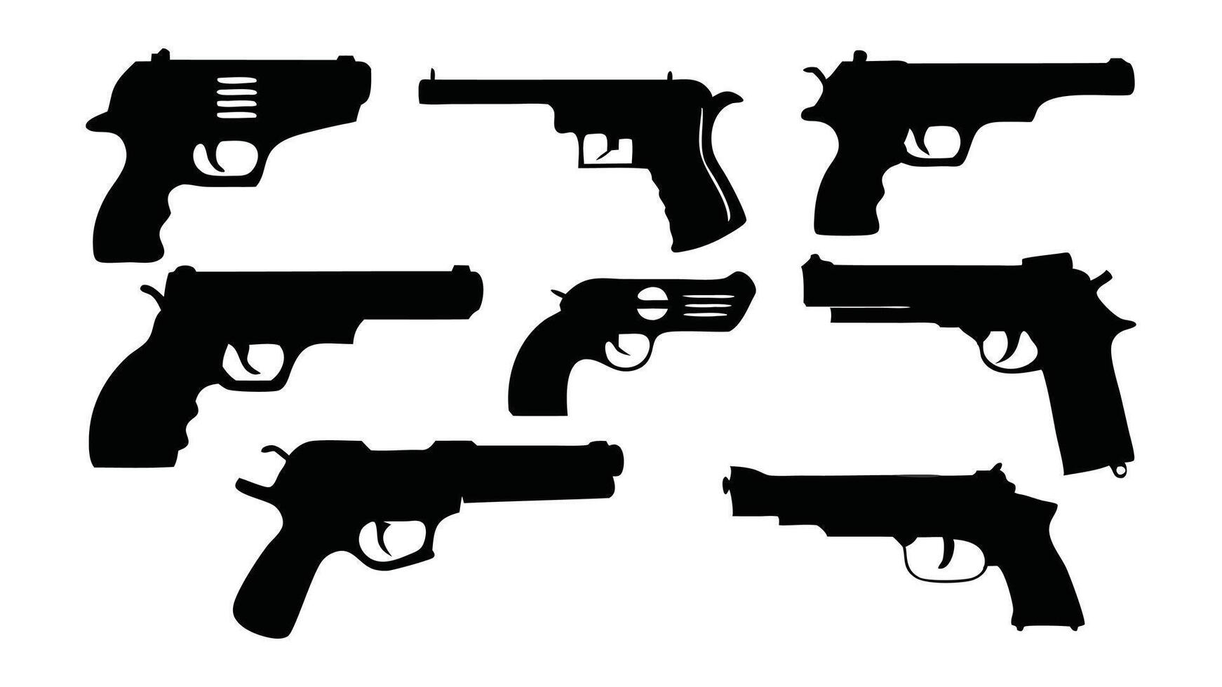 Pistol Gun silhouettes set isolated flat illustration on white background. vector
