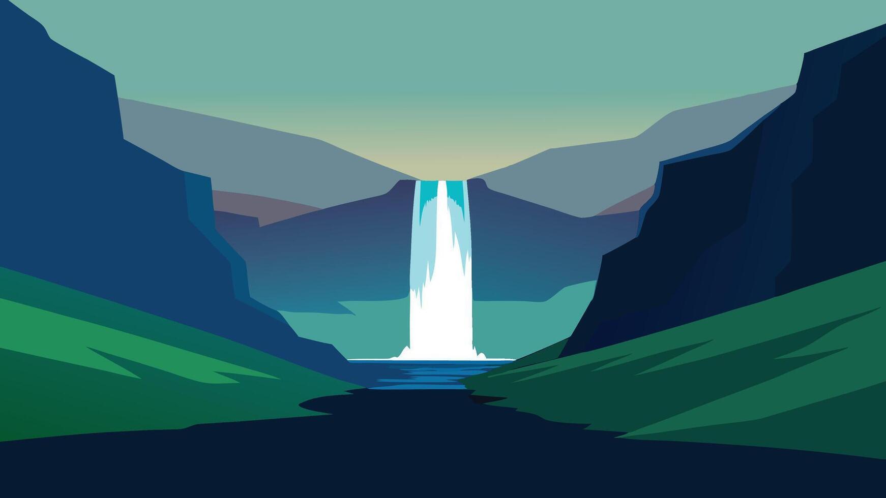 stunning Icelandic landscape featuring a majestic waterfall surrounded by lush greenery and rugged terrain flat illustration vector