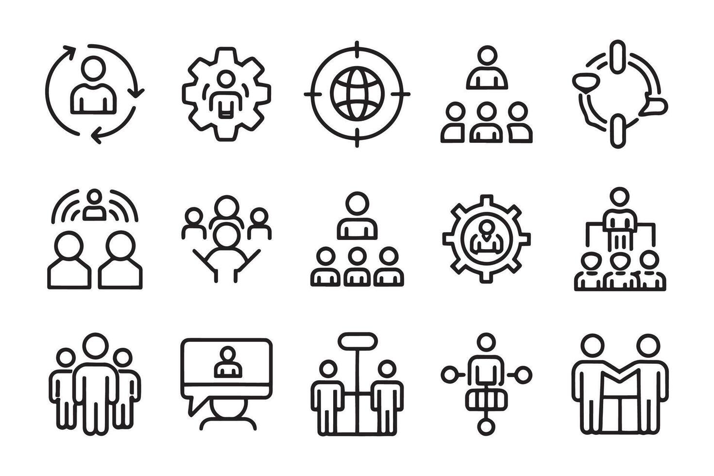 Organization, collaboration, communication, partnership, leadership, support, unity, community related editable icon set isolated flat illustration white background. vector