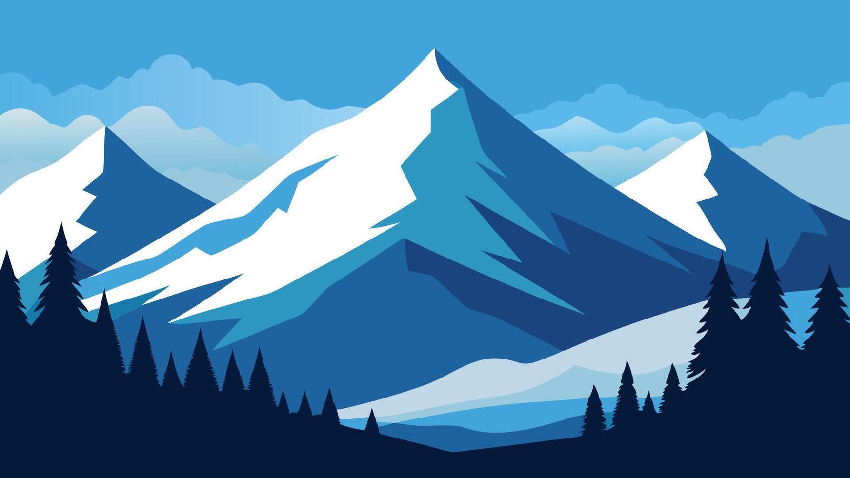snow covered mountain range surrounded by evergreen trees, creating a serene winter landscape flat illustration. vector