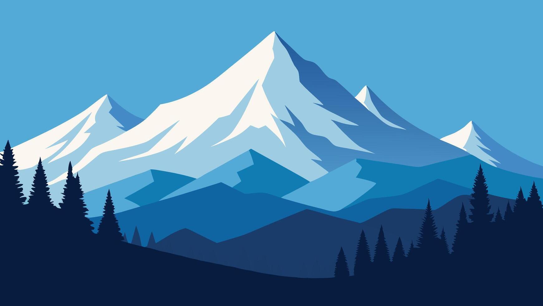 Snow covered mountains rise majestically, surrounded by trees blanketed in a thick layer of snow flat illustration. vector