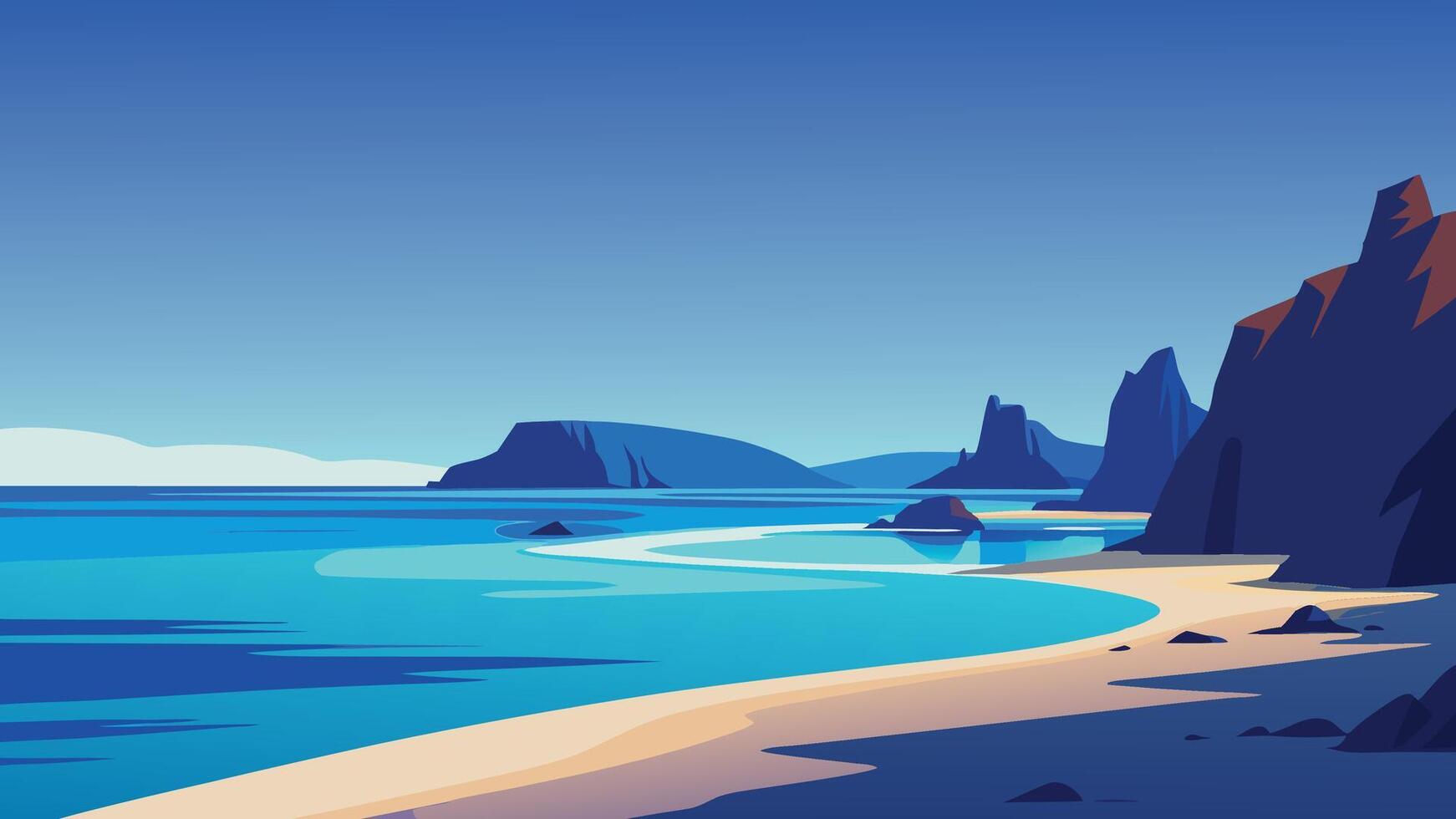 stunning beach scene featuring clear blue water and rocky formations along the shoreline flat illustration. vector
