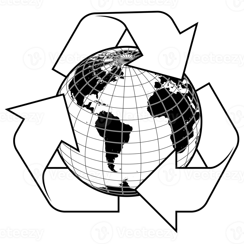 Recycling logo with planet Earth, earth sphere design with recycling arrows png