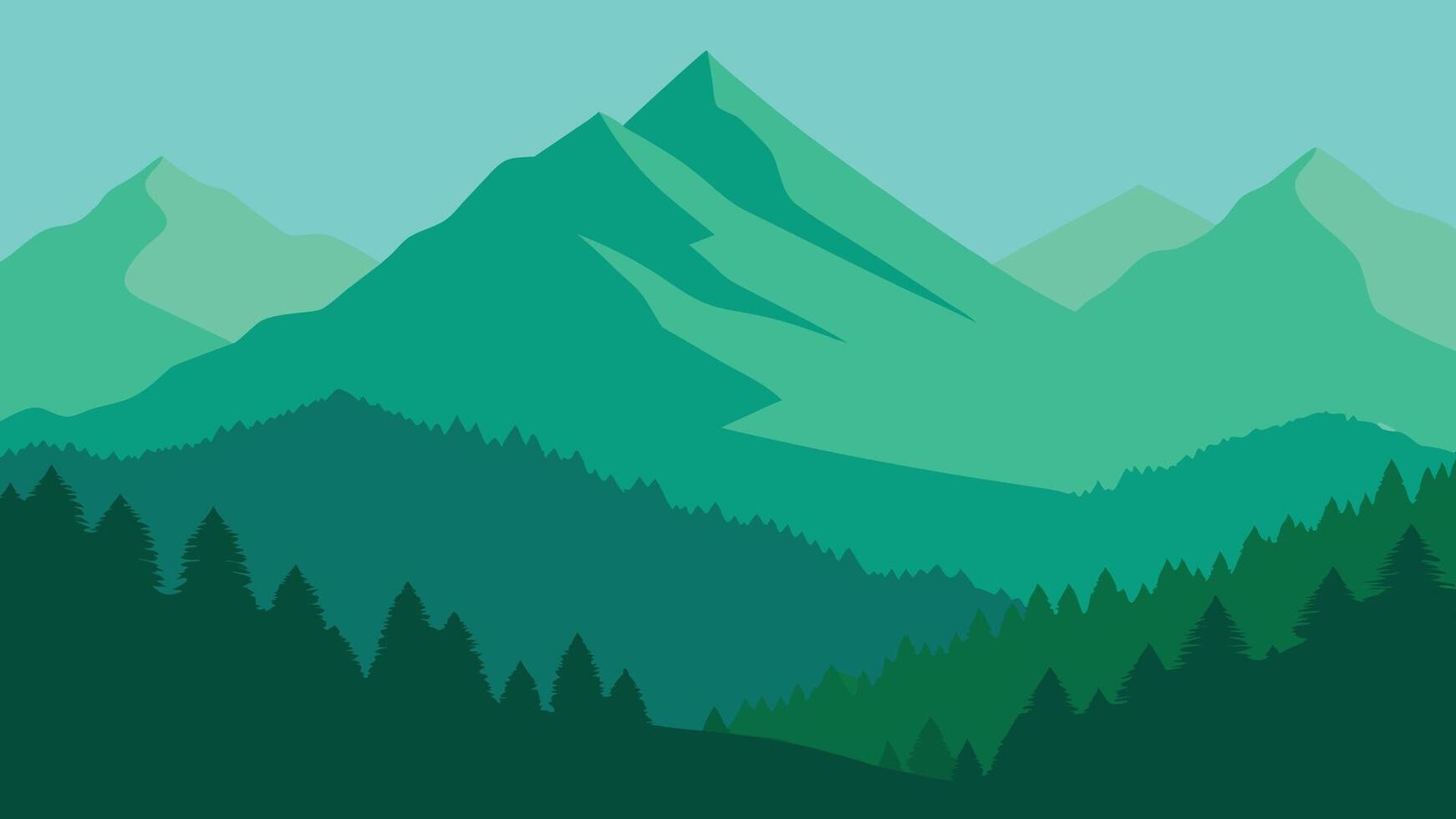 Green mountain landscape featuring lush trees and majestic mountains under a clear blue sky flat illustration Nature background. vector