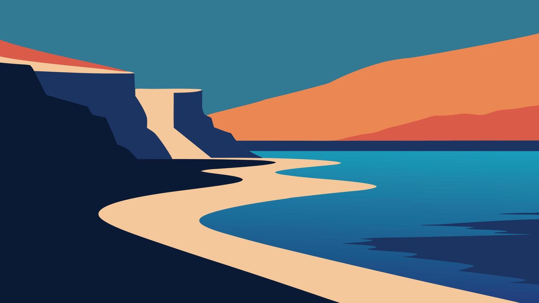 Beach featuring a stream flowing through it, bordered by a majestic cliff in the background flat illustration Nature background. vector