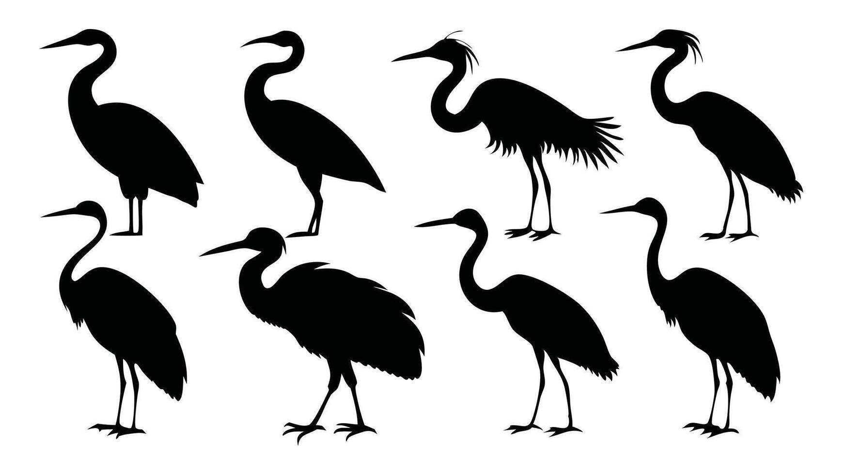 Heron Birds silhouettes set isolated flat illustration on white background. vector