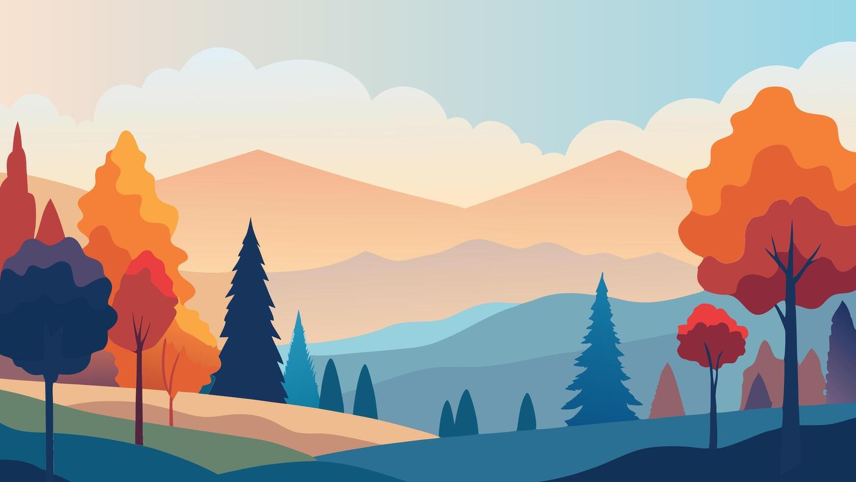 autumn landscape featuring vibrant trees in various colors, enveloped in a gentle layer of fog flat illustration Nature background. vector