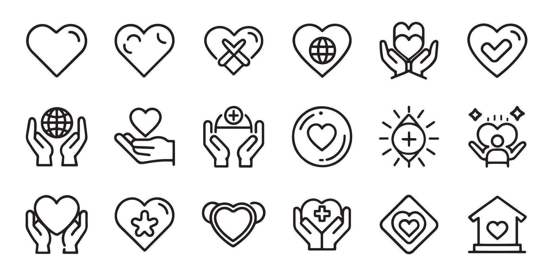 Heart, love, charity concept editable stroke outline icons set isolated flat illustration on white background vector