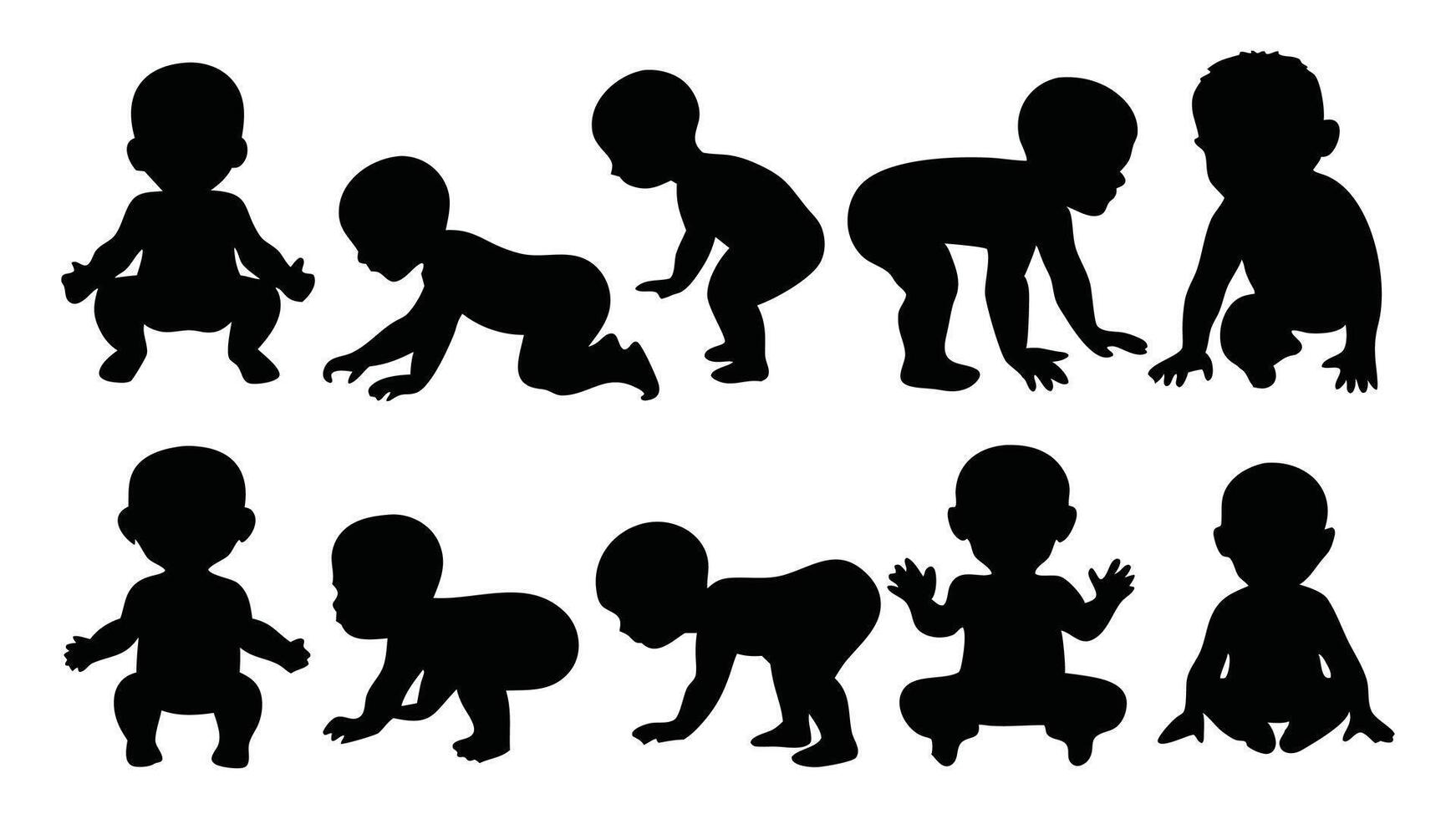 Baby crawling, sitting, laying, playing and standing silhouettes set isolated flat illustration on white background. vector