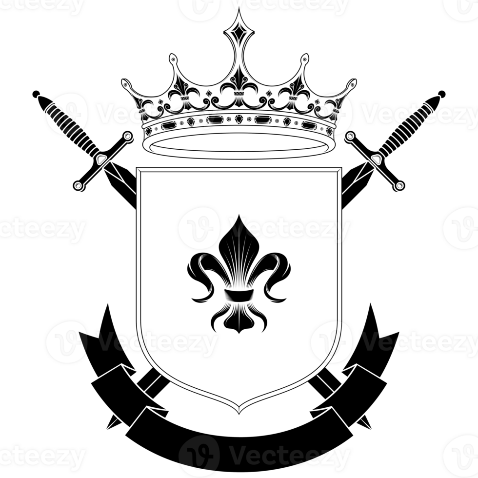 Middle ages heraldic shield, coat of arms with heraldic symbol of fleur de lis and crown, in black and white silhouette and lines style png