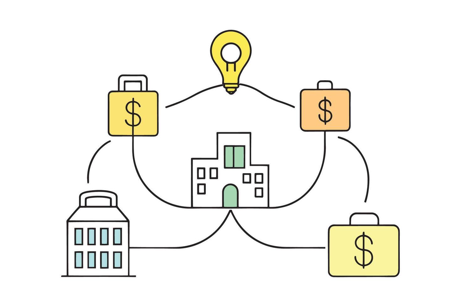Business scene featuring a light bulb and money, symbolizing innovation and financial success Line art doodle illustration on white background. vector