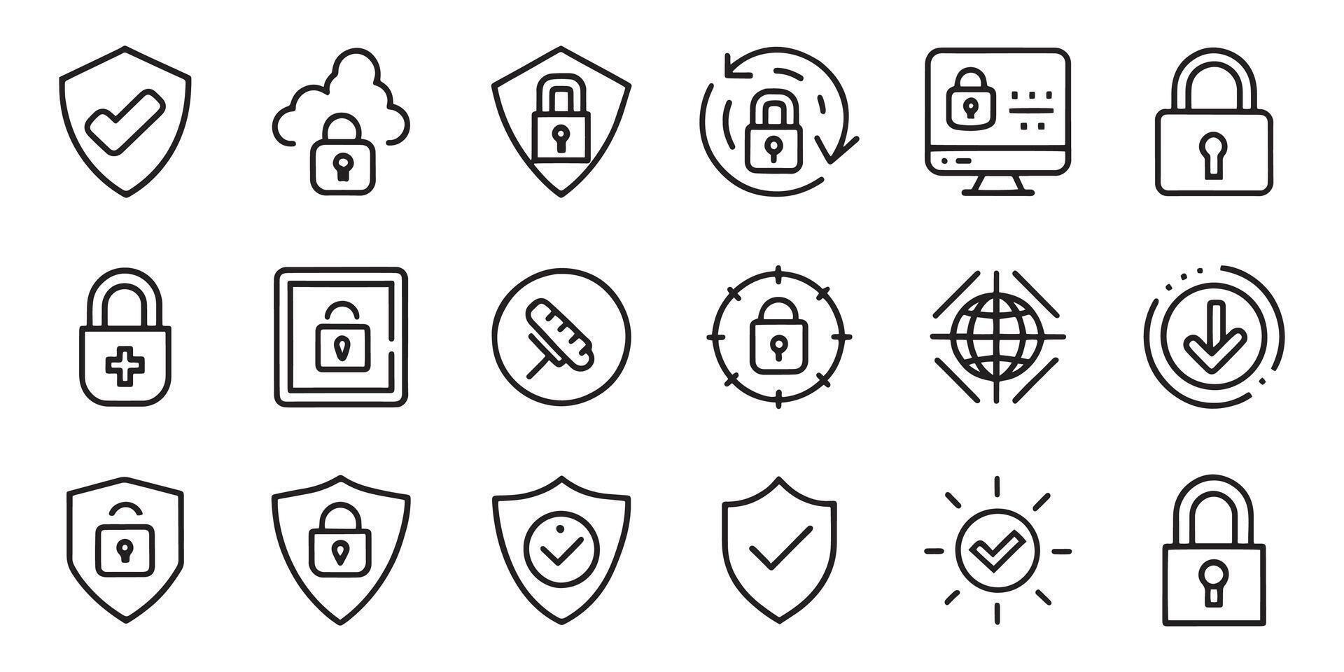 Safety, protection and security related editable stroke outline icons set isolated flat illustration on white background vector