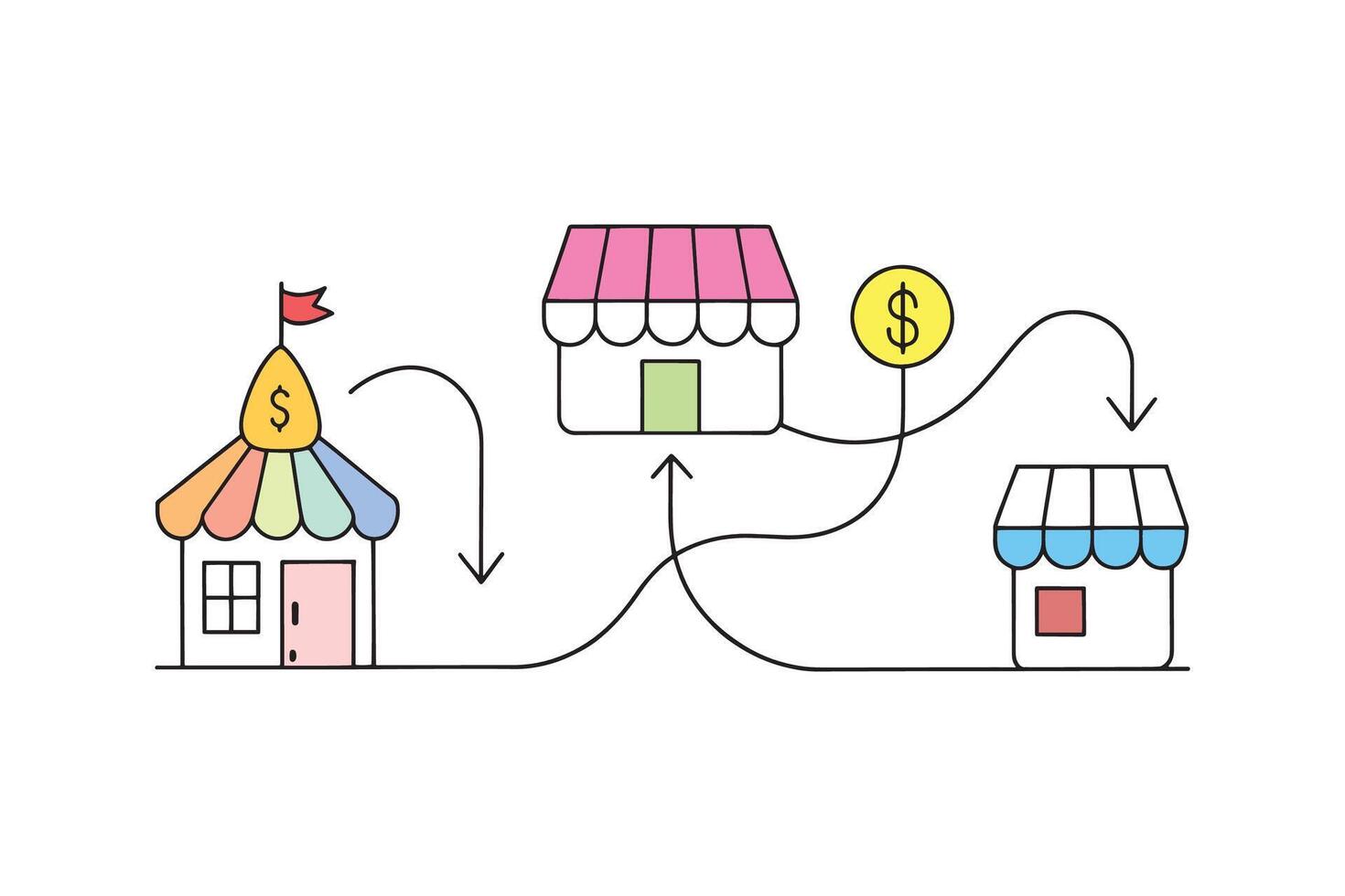 Shop featuring a prominent dollar sign, symbolizing commerce and retail Line art doodle illustration on white background vector