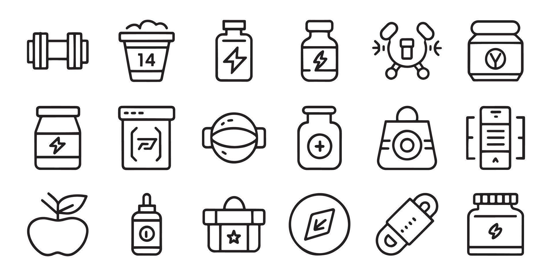 Sport supplements and fitness nutrition concept related editable stroke outline icons set isolated flat illustration on white background vector