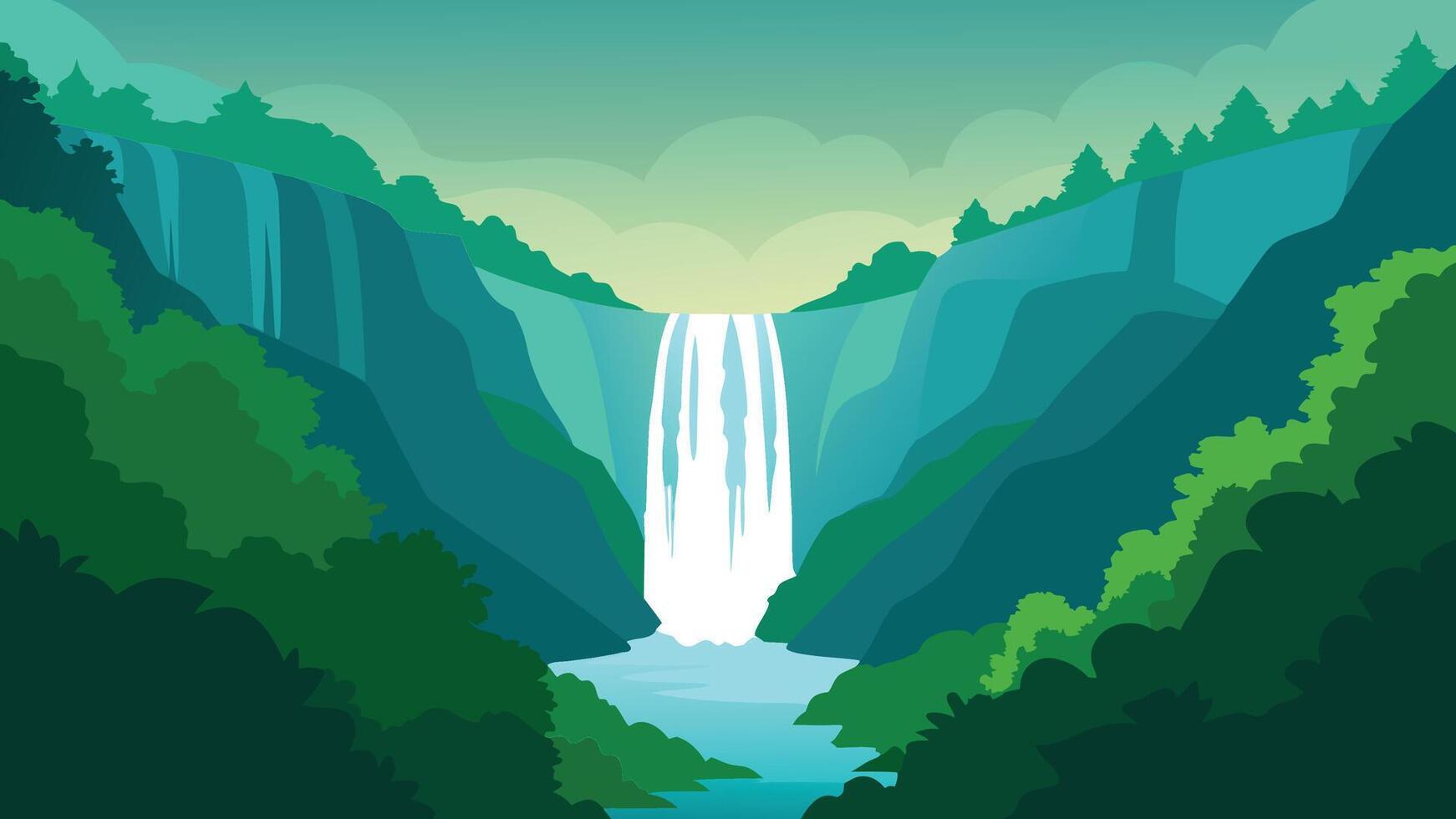stunning waterfall cascading through lush greenery in Plitvice National Park, Croatia, showcasing nature's beauty flat illustration Nature background. vector