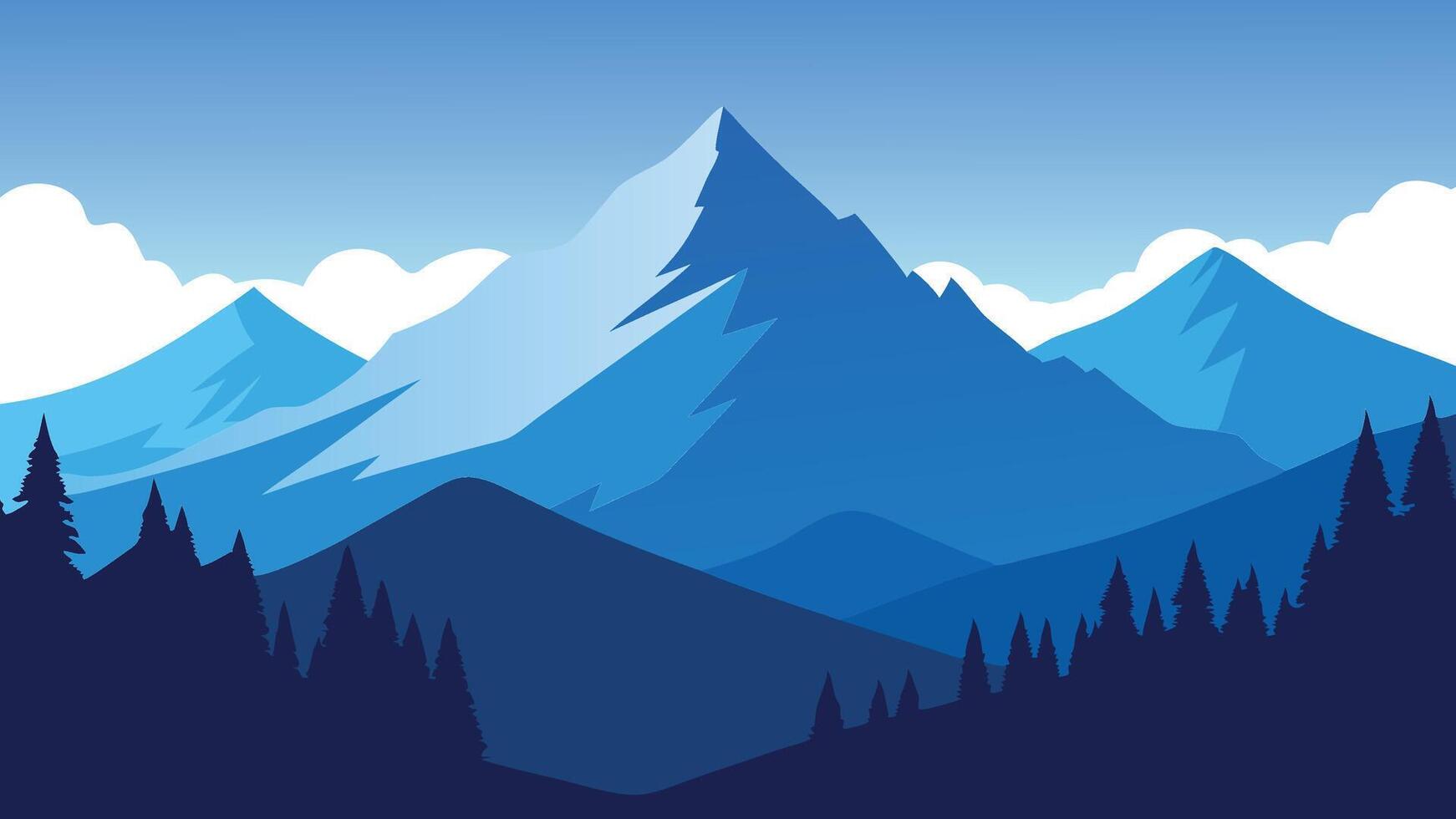 stunning mountain landscape featuring lush trees and majestic peaks under a clear blue sky flat illustration Nature background. vector
