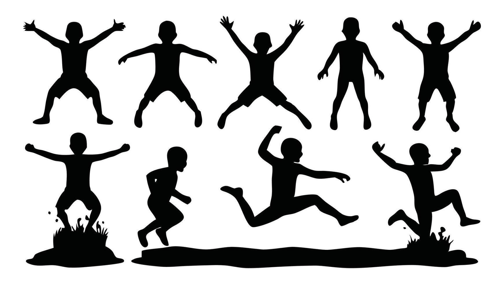 Boy jumps into the water silhouettes set isolated flat illustration on white background. vector