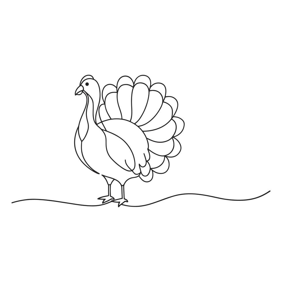Turkey bird continuous line art flat illustration on white background. vector