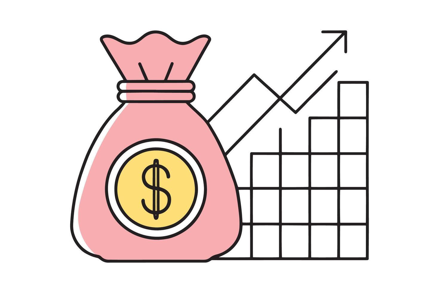 Hand drawn Money bag with coin and graph isolated doodle line art flat illustration on white background. vector