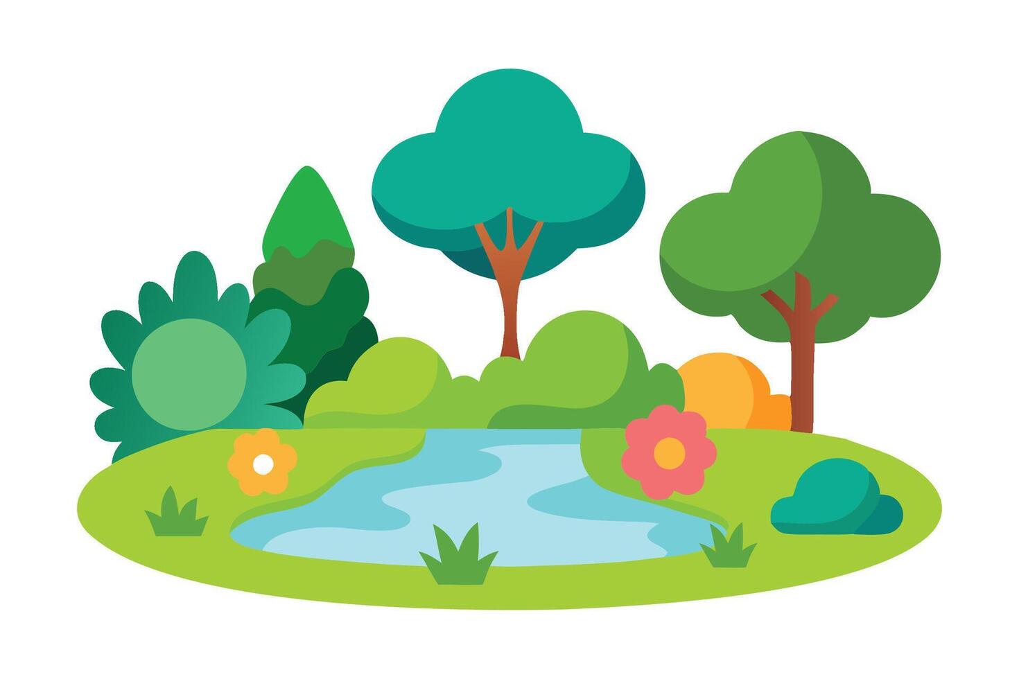 Peaceful pond bordered by vibrant trees, capturing a natural landscape flat illustration vector