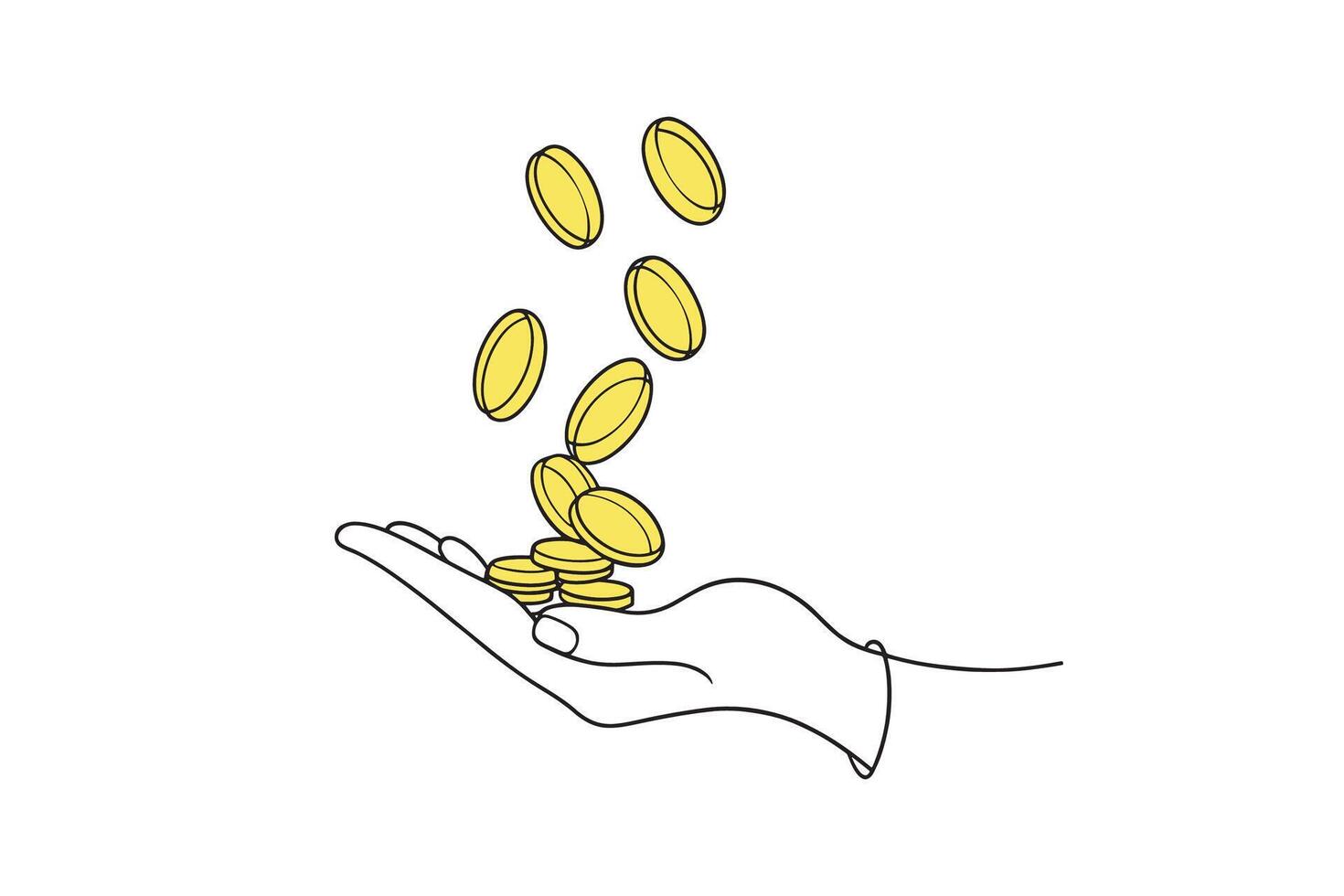 Hand holding several coins, showcasing simplicity and elegance in design isolated doodle line art flat illustration on white background. vector