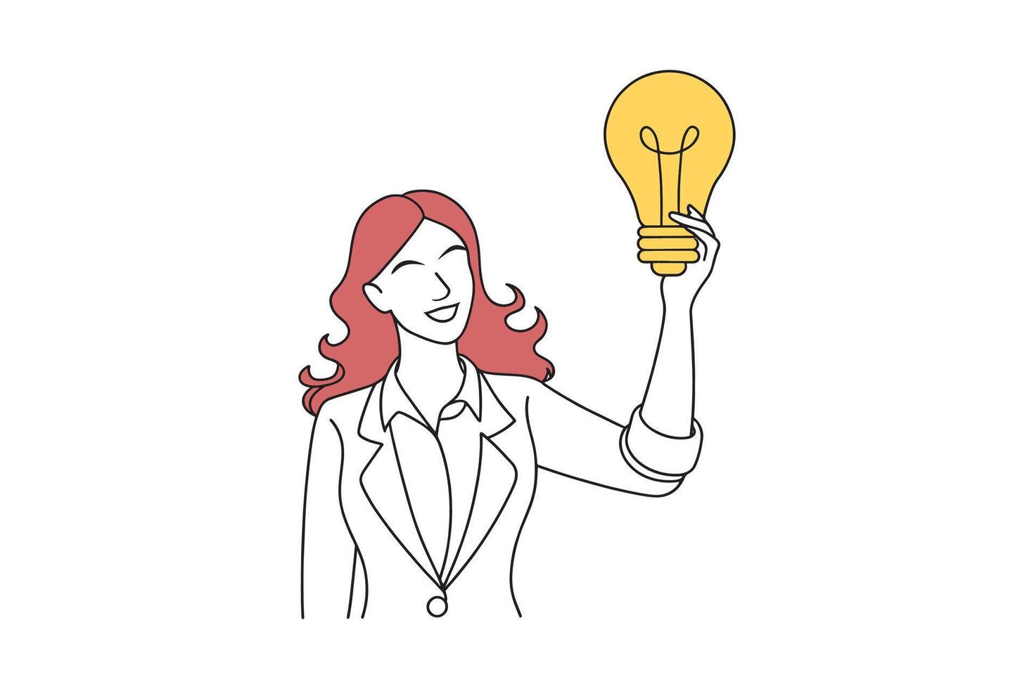 Woman take selfie with business idea isolated doodle line art flat illustration on white background. vector