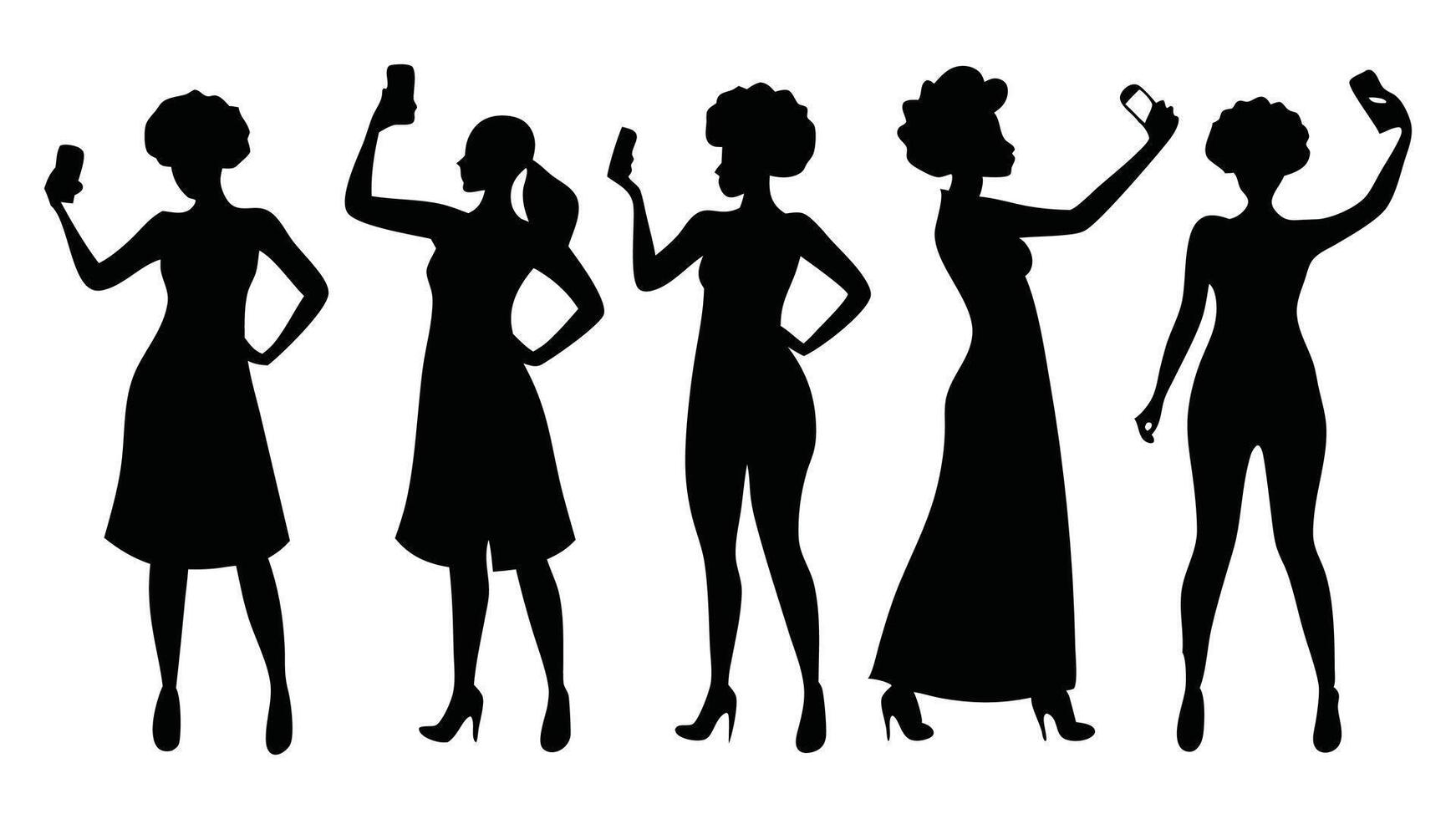 Women taking selfie set silhouettes isolated flat illustration on white background. vector
