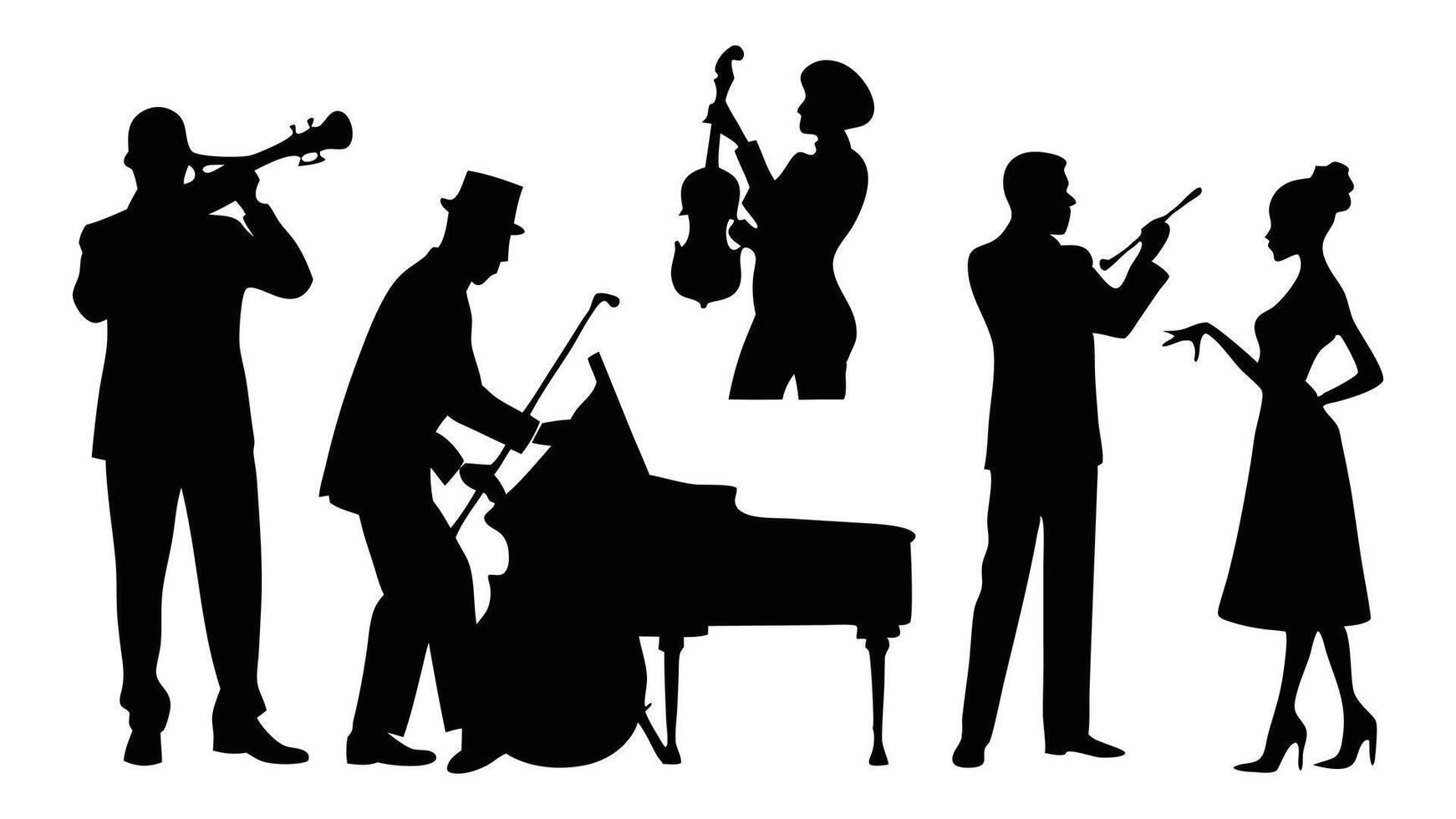 Pianist, Singer, Double Bassist, Saxophonist, Drummer silhouettes set isolated flat illustration on white background vector