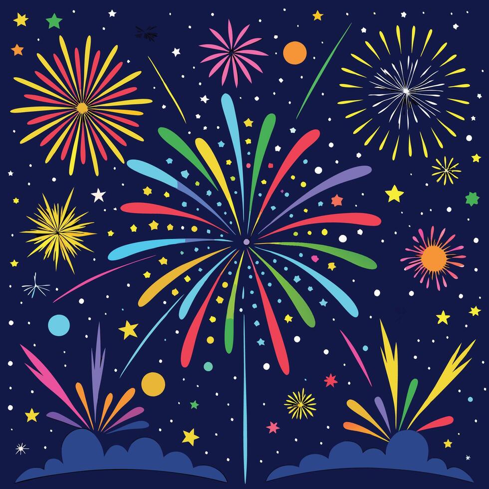 lunar new year illustration with fireworks and confetti, shape of a star, celebrating victory, skyline illuminated,sky filled with heart vector