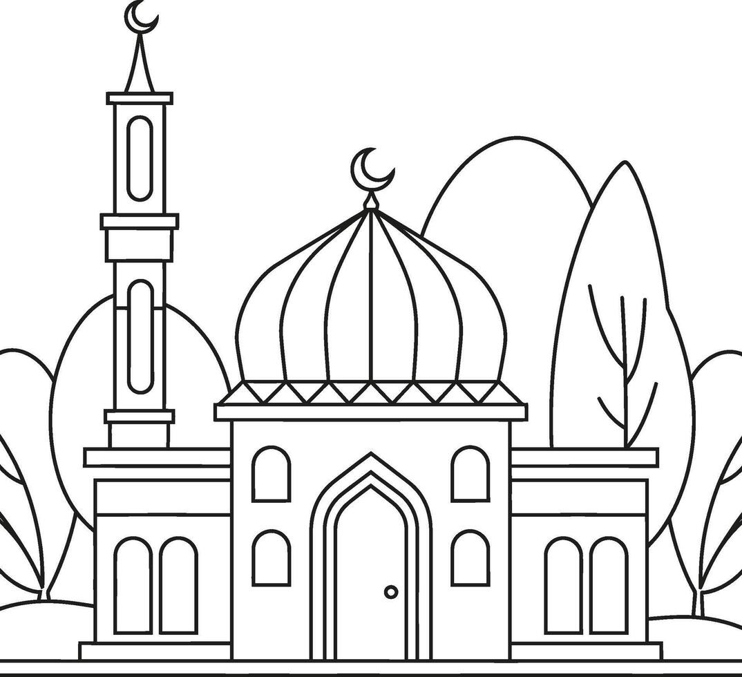 A mosque coloring page with a mosque in the background vector