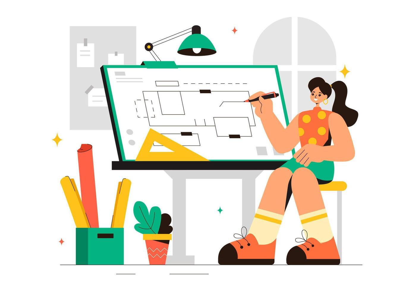 Engineer Working on Drafting Table, Creating Blueprints in Flat Style Cartoon vector