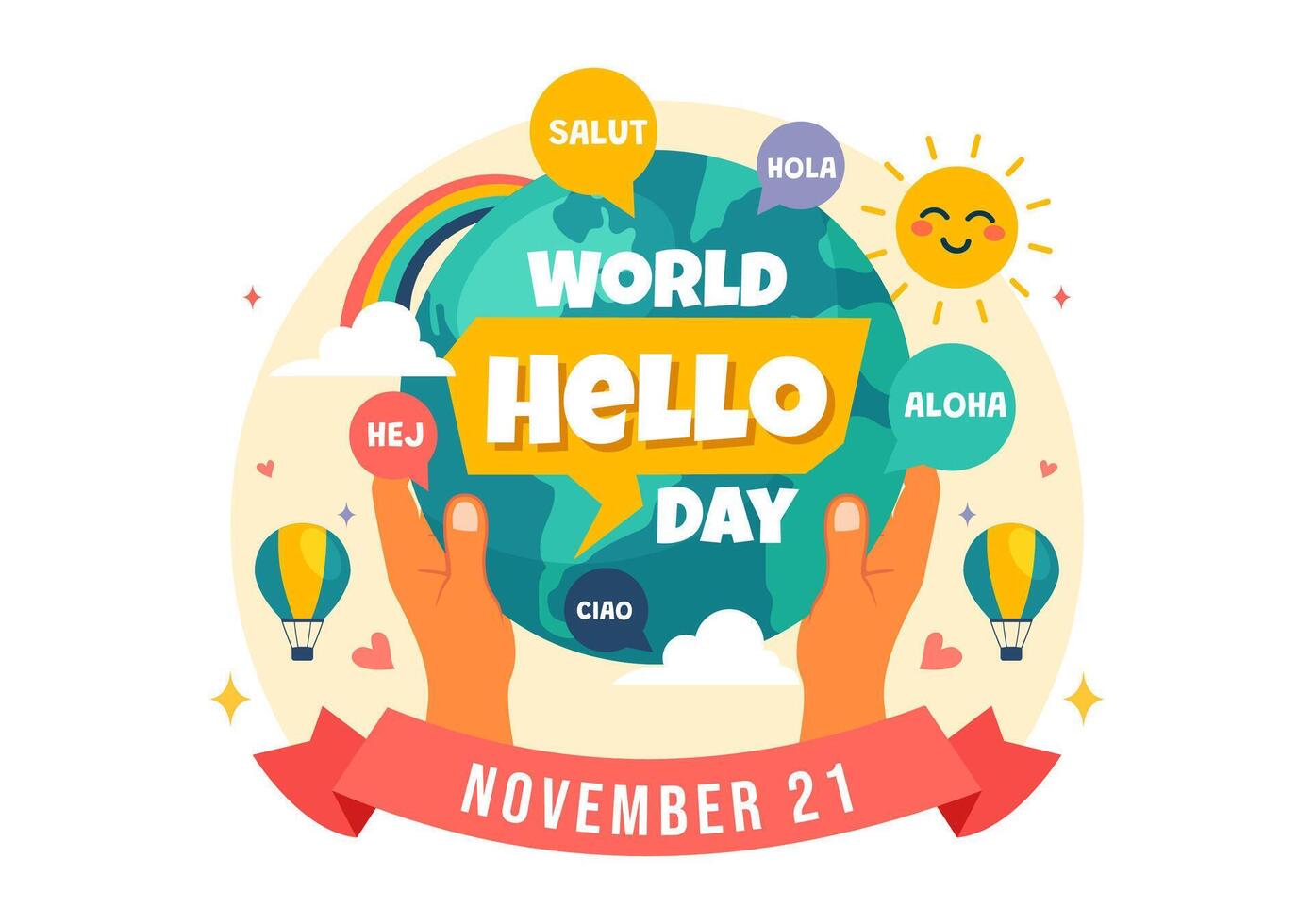 November 21 World Hello Day Illustration of Global Greetings in Flat Cartoon Background vector