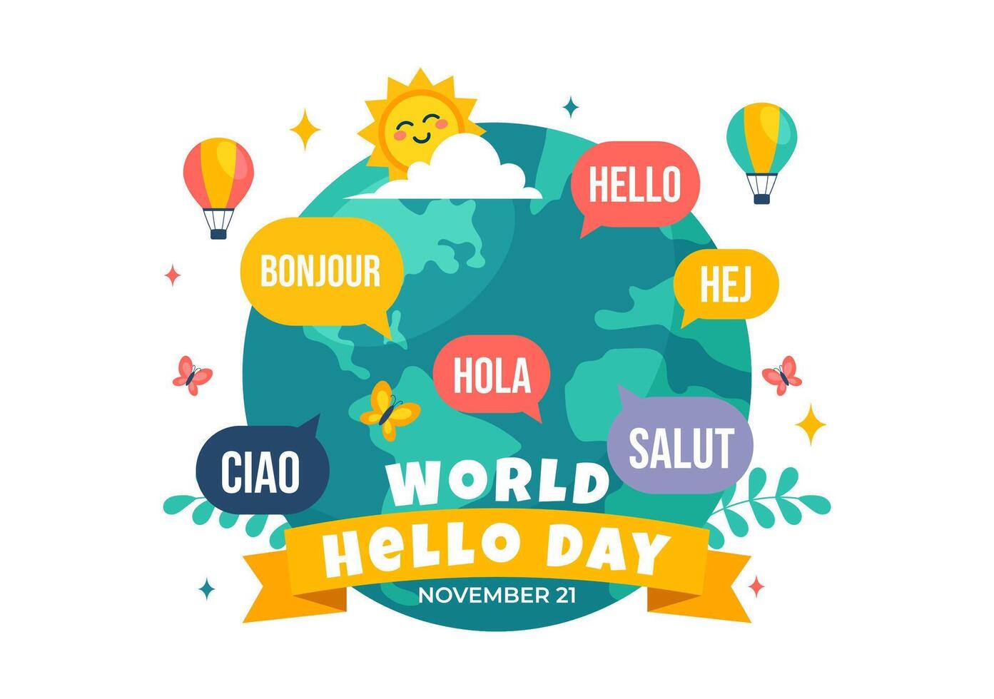 Happy World Hello Day Art with Diverse Language Bubbles and Cartoon Elements vector