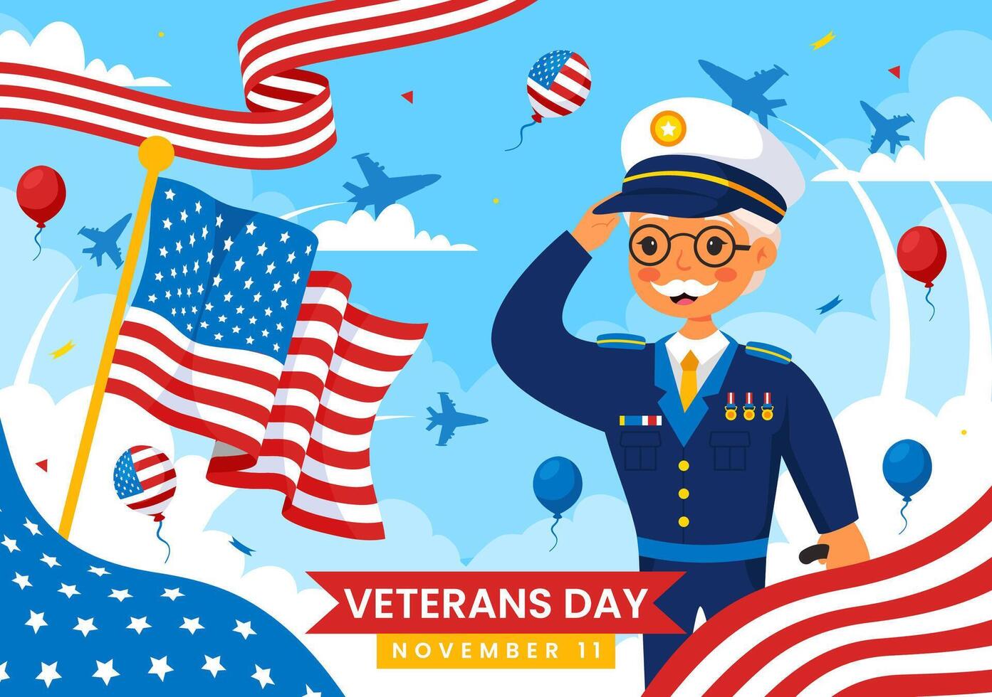 Veterans Day Celebration Illustration with American Flag and Soldiers in Flat Cartoon Style vector