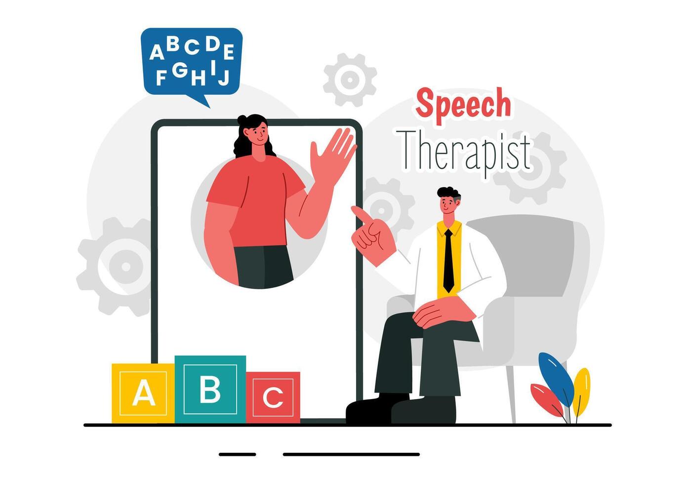 Flat Style Speech Therapy Illustration with Therapist Teaching Language Articulation vector