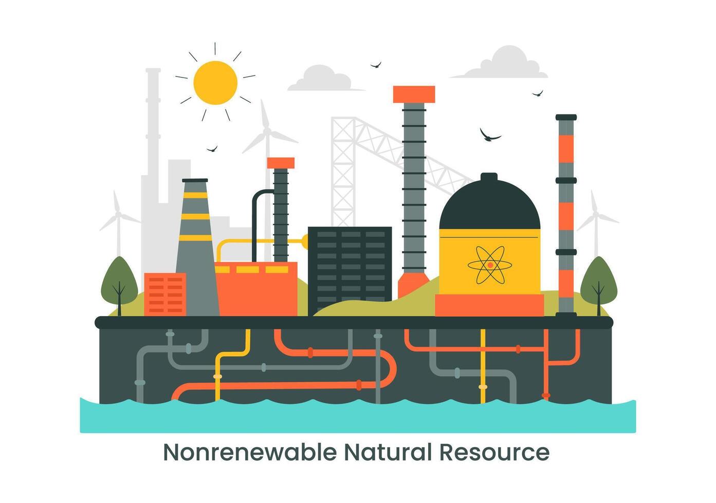 Nonrenewable Fuel Resources Design Featuring Oil, Nuclear, and Coal for Energy Production vector