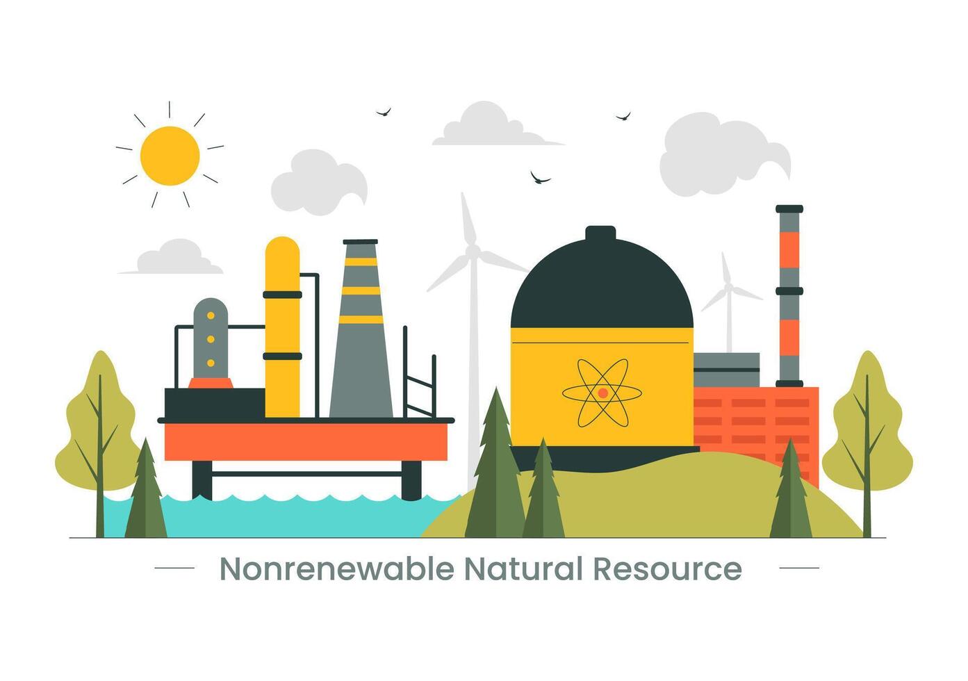 Energy Resource Illustration with Petroleum, Coal, and Gas Fuels in Flat Cartoon Style vector