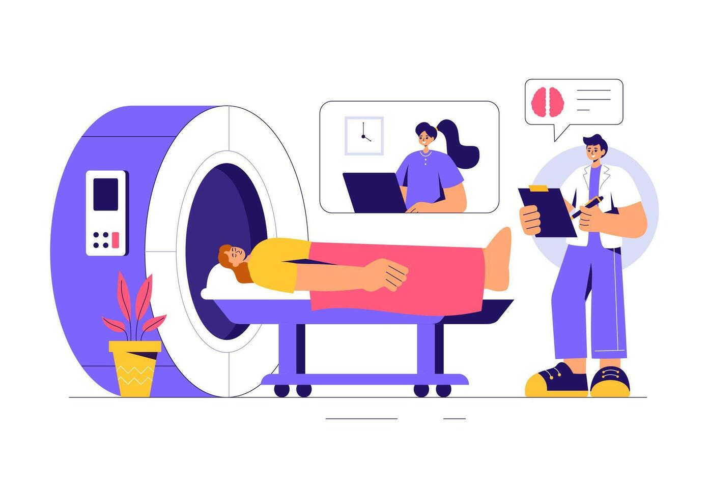 Magnetic Resonance Imaging MRI and CT Scan Illustration with Doctor and Patient in Flat Background vector