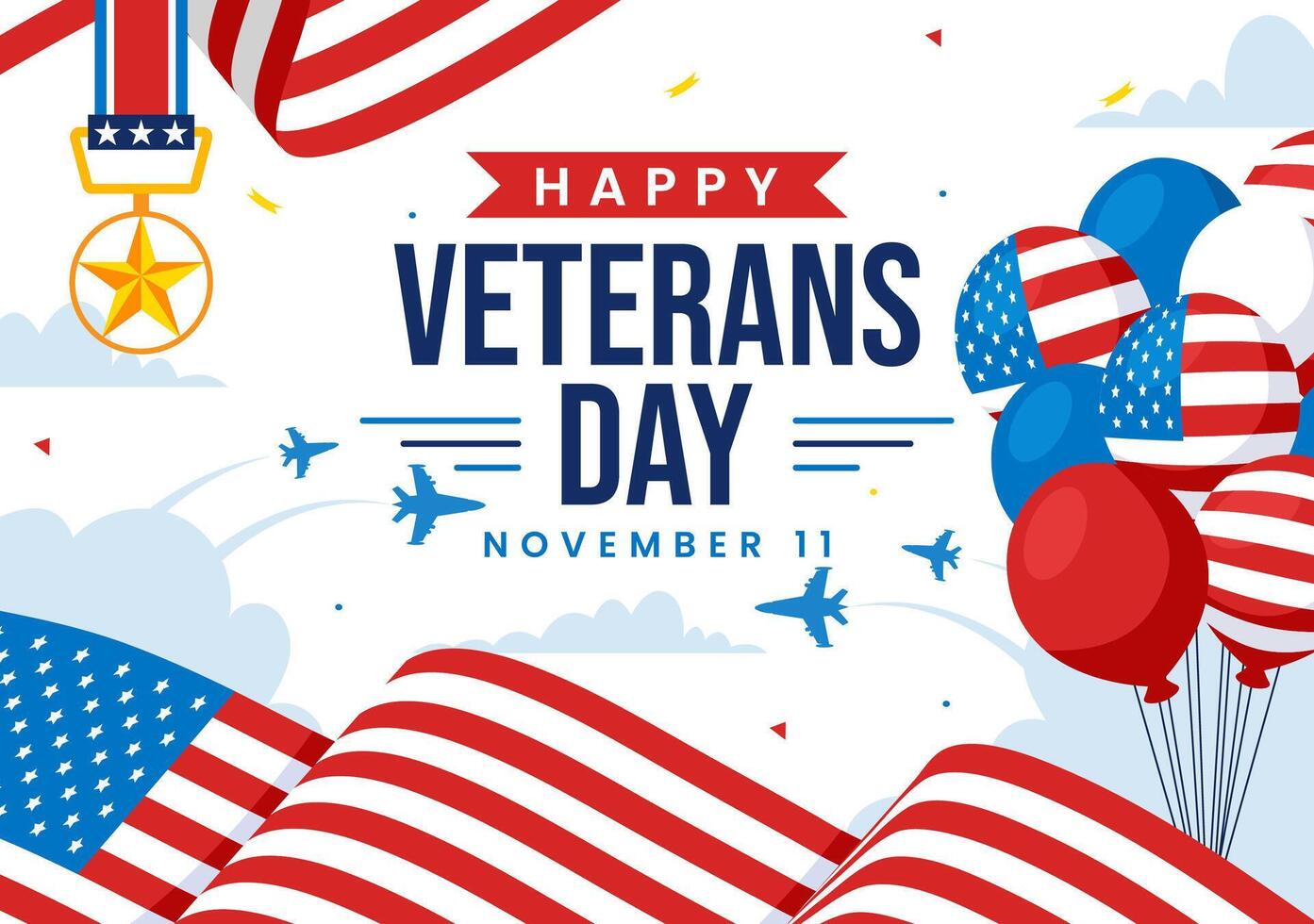 American Veterans Day Design with Soldiers and Flag in Flat Cartoon Style vector