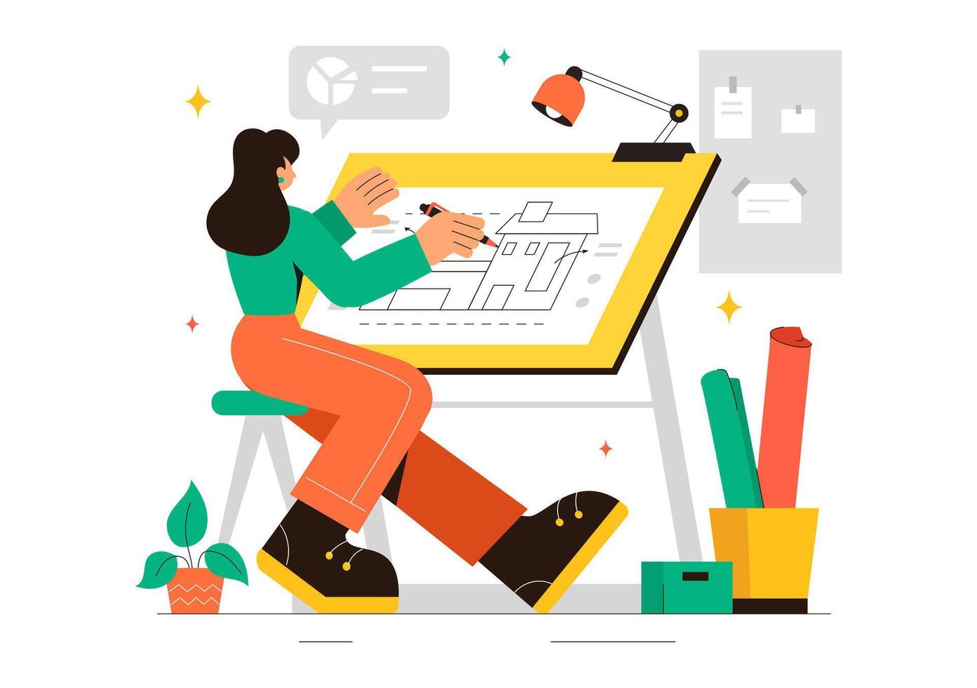 Drafting Board Project Illustration with Architect and Engineering Tools in Cartoon Style vector