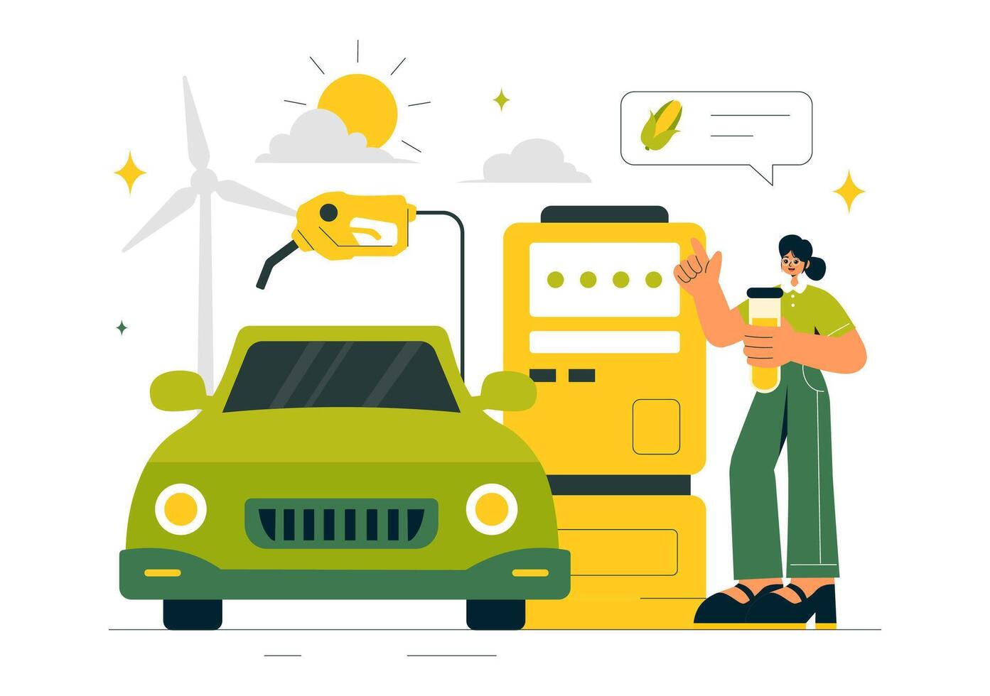 Renewable Biofuel Energy Production from Natural Plants and Green Barrels in a Cartoon Flat Background vector