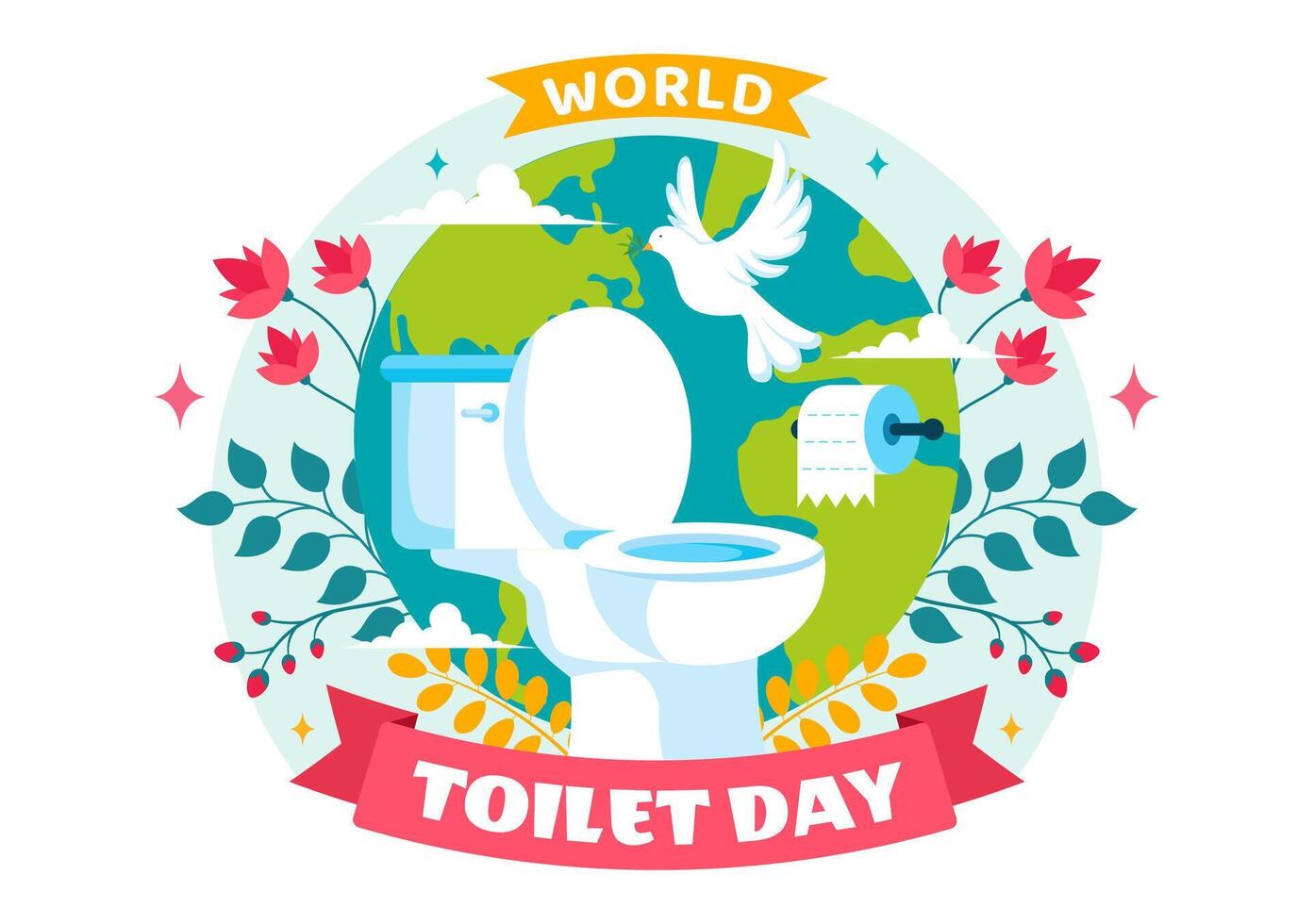 Illustration of World Toilet Day on November 19, Featuring Earth and Bathroom Items in Flat
