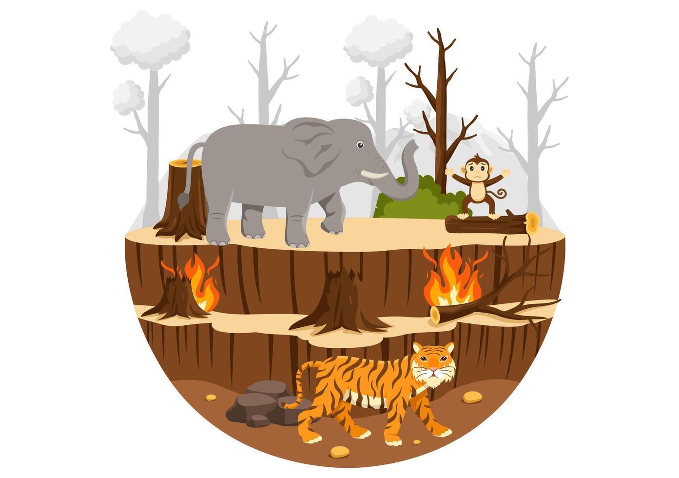 Illustration of Forest Fires and Tree Cutting Causing Habitat Loss and Animal Endangerment in a Cartoon Background vector