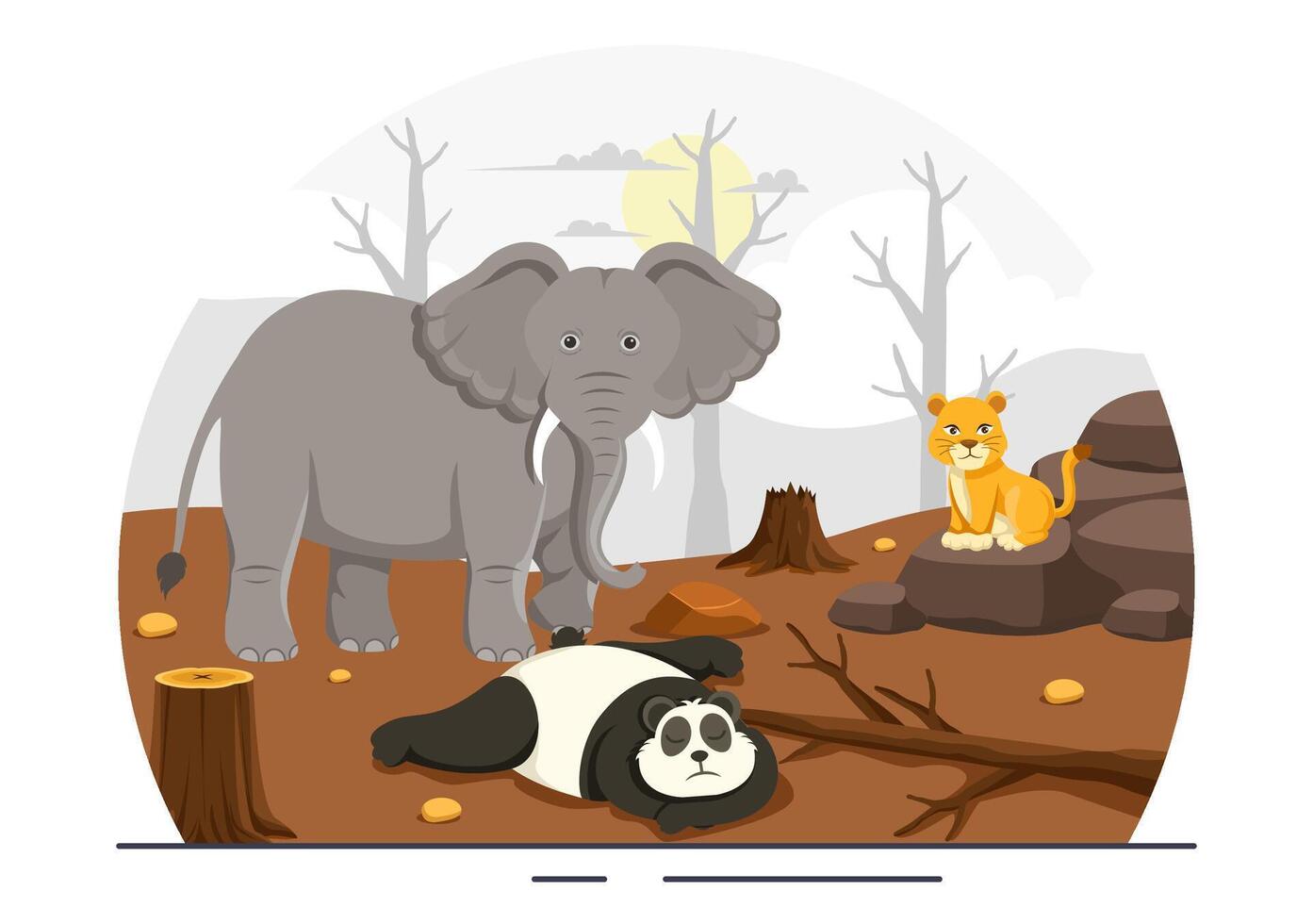 Forest Deforestation Illustration with Stumps, Smoke, and Polluted Air Causing Animal Extinction vector