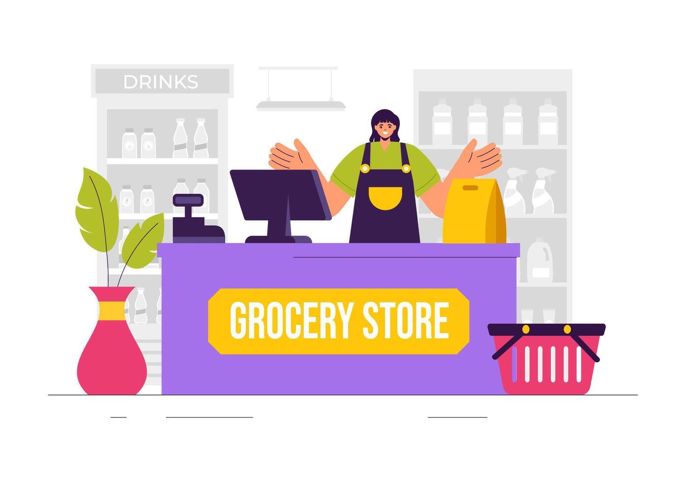 Supermarket Shelf Illustration with Assorted Groceries for Daily Shopping in Flat Style vector
